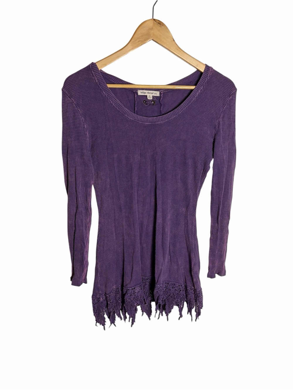 Indigo Thread Co. purple acid wash waffle knit tunic with lace fringe size M
